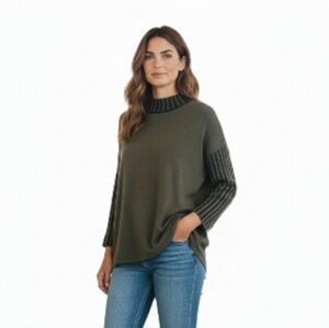 Army Green Merino Wool Mock Neck Drop Shoulder Ribbed Long Sleeve Sweater med